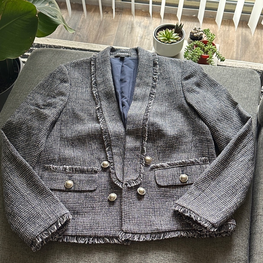 Express Black Navy and White Button-Front Tweed Blazer
